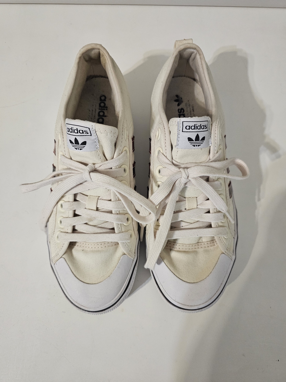 adidas Off-White Low-Top Canvas Sneakers with Burgundy Stripes